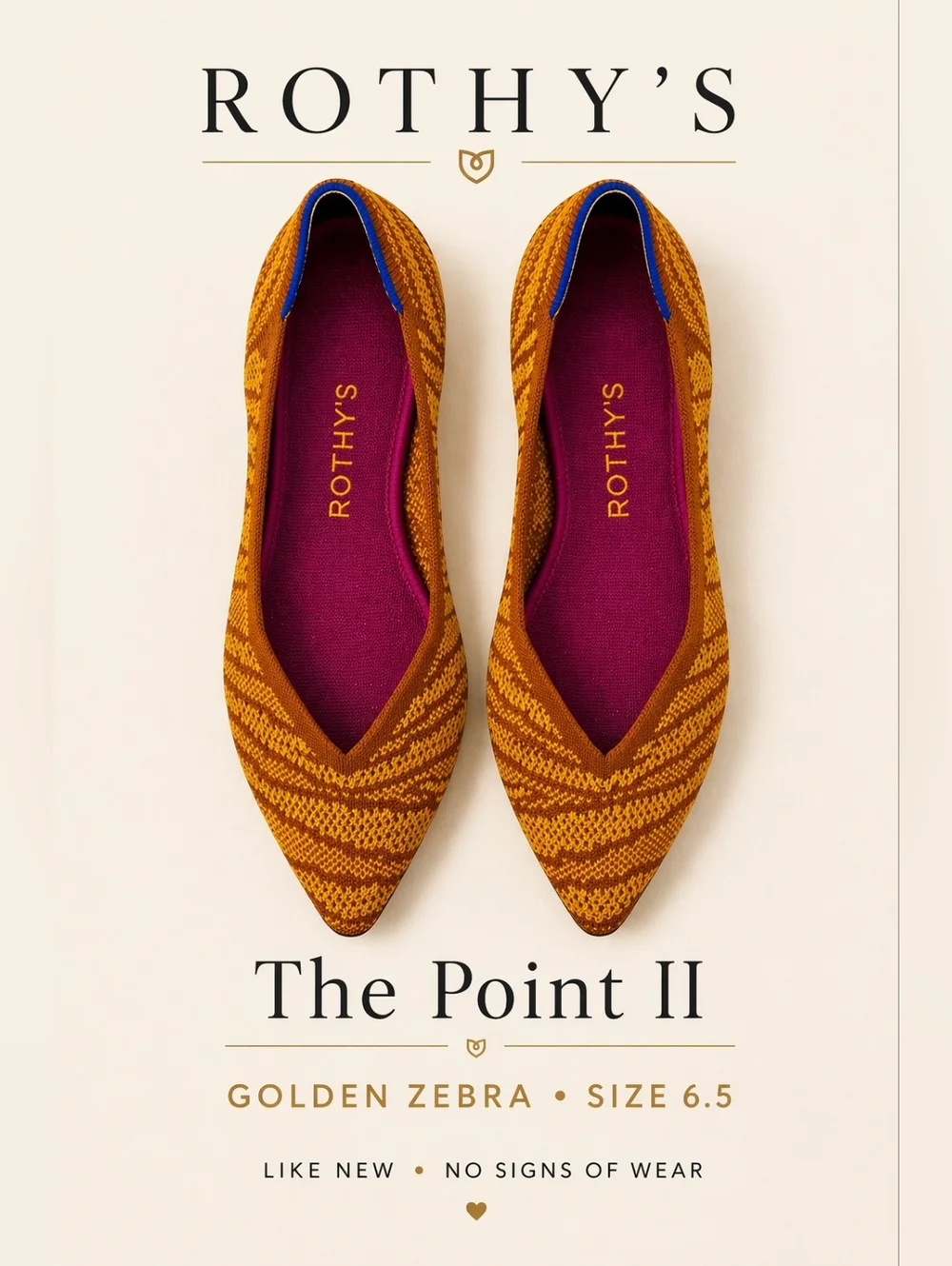 Rothy’s The Point II Golden Zebra Flats Size 6.5 Knit